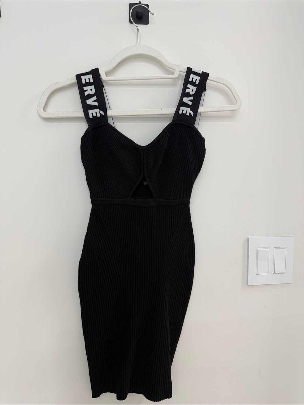 Hervé Léger Black Ribbed Mini Dress with Branded Straps